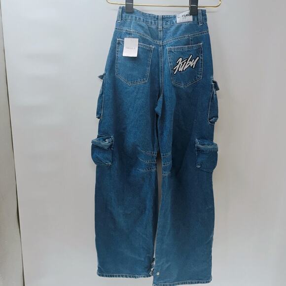 Fubu 05 x Forever 21 Baggy Jeans Sz S Wide Horseshoe Leg Grunge Raver Skater Y2K - Picture 8 of 11